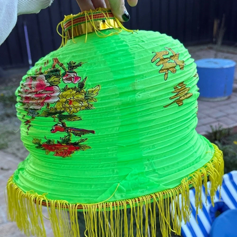 2 fabric Vintage Purple Floral Lantern with Yellow Fringe and green